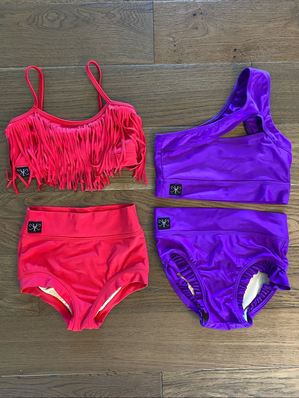 CL Kandi Kouture Dance Matching Set — Red Fringe & Purple One-Shoulder